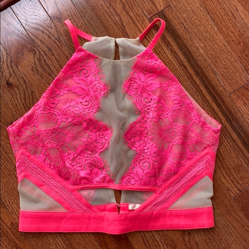 Hot Miami Styles Neon Pink Lace Crop Top